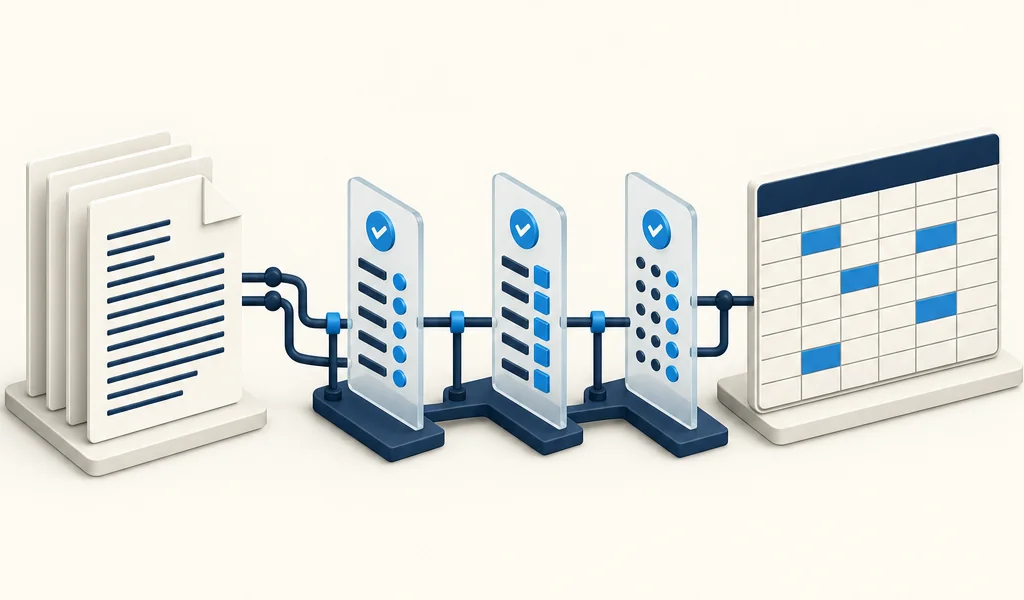 Conceptual drawing: a stack of typed documents passes through three checkpoint gates before landing as rows in a spreadsheet